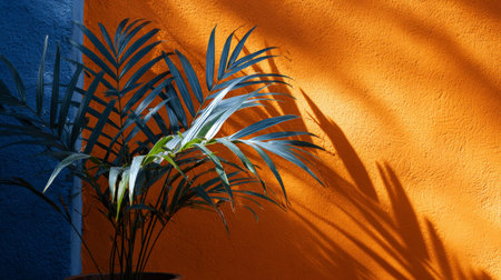 Tropical blue palm leaves creating dramatic silhouettes on a warm orange backdropの素材