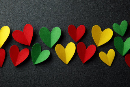 Vertical arrangement of red, yellow, and green paper hearts symbolizing unity and love for Juneteenth, set against a dark backgroundの素材