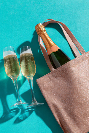 Luxury pink glitter bag with champagne and flutes on vibrant aqua backdropの素材