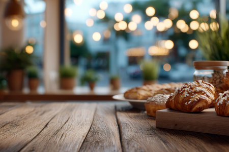 A homely cafÃ©-style setup with a rustic table and soft shimmering background lightsの素材
