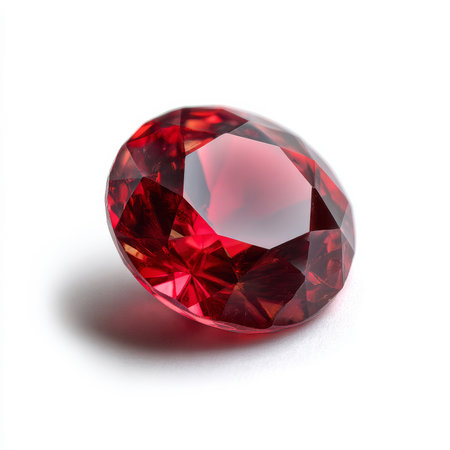 Bright red jewel placed on a smooth white surfaceの素材