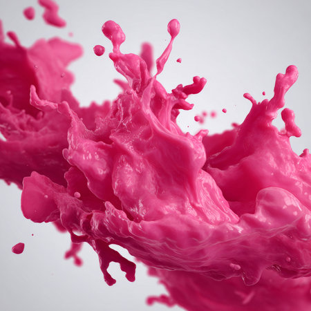Energetic pink paint splash displayed on a pure white backdropの素材