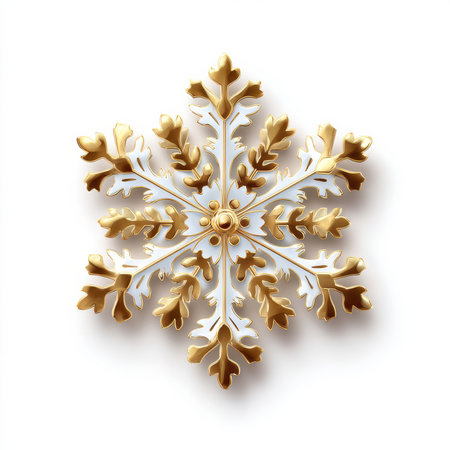 Polished golden festive snowflake displayed on a crisp white backdropの素材