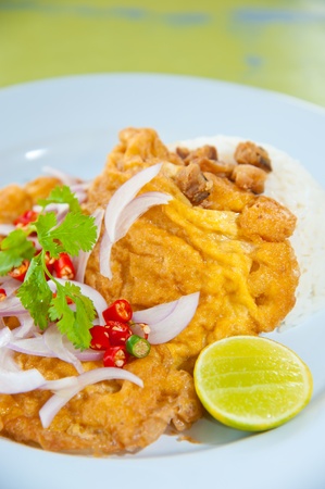 Delicious traditional Thailand food : Hot rice with omelet, pork, green herbs and chili sauceの写真素材