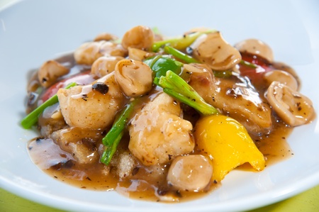 Stir-fried colorful vegetables, mushroom and herbの写真素材