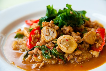 delicious fried pork, onion, chili, vegetables and green herbsの写真素材