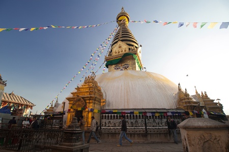 Swayambhunath pagoda is the famous landmark Buddhist temple in Kathmandu, Nepal. The temple is also know as the monkey templeの写真素材