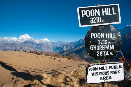 Beautiful view of grass field, colorful flag and Himalayan mountains in morning when see from the top of Poonhill peak, Nepalの写真素材
