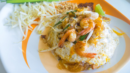 Thailand s national dishes, stir-fried rice noodles with egg, vegetable and shrimp  Pad Thai の写真素材