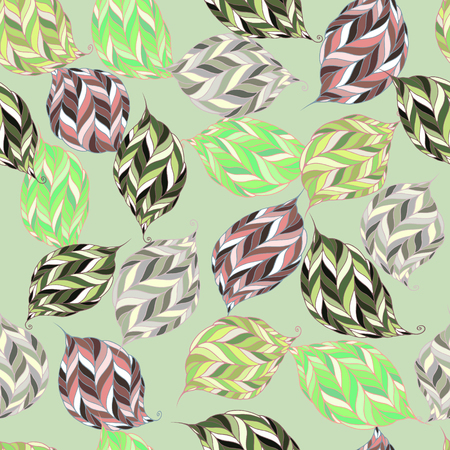 Seamless pattern of psychedelic shapes in the form of leaves on a light green background.のイラスト素材