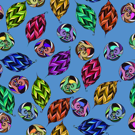 Seamless pattern of psychedelic shapes in the form of leaves and octopuses on a light blue background.のイラスト素材