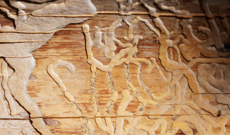 Traces of beetles under the bark on a spruce tree. tracks under the bark of dead trees left beetles...