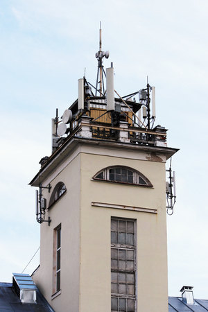 Gazebo with cables and antennas from of telecommunications equipment for cellular transmission.の写真素材