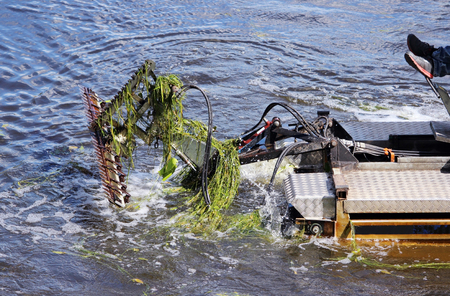 mini dredger is clearing lake algae summer dayの写真素材