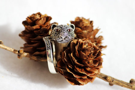 Black spinel diamond silver ring in the form of a cat's head