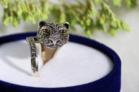 Black spinel diamond silver ring in the form of a cat's headの写真素材