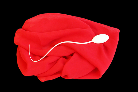lone sperm on a red and black backgroundの写真素材