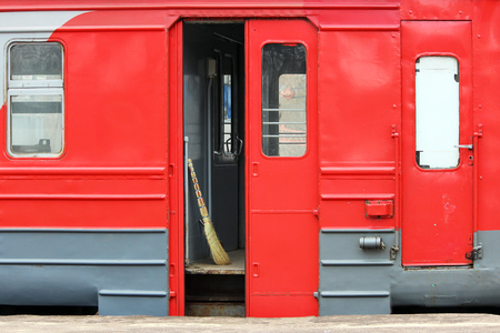 Cleaning of the railway car in the train before the departure of the train.の写真素材