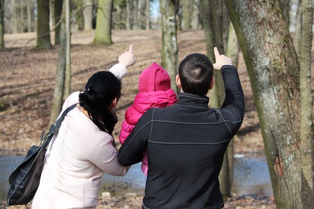 Family for a walk. Dad and mom show daughter on squirrel, which sits on treeの写真素材