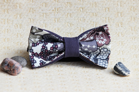 Composition: Extravagant bow tie and small stones on a beige background.の写真素材