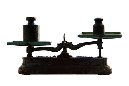 Old scales with cups isolated on white background.の写真素材