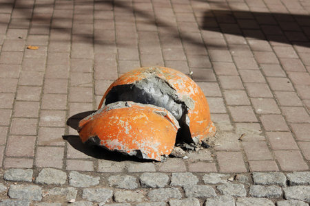 sidewalk near the house and orange shattered hemisphere parking strengthened against the entry of vehicles. Relevant when the danger of terrorist attacks.の写真素材