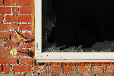 Vandals smashed the glass windows of the unfinished unguarded abandoned building of the shopping complexの写真素材
