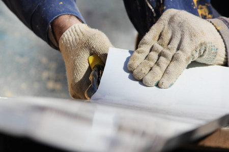 The worker makes the sladding of windows in the restored building in the city, cuts the metal sheet...