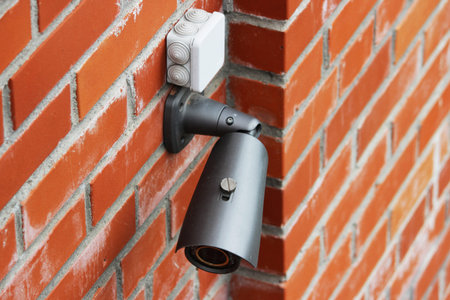 A video camera on a red brick wall protects the territory from the invasion of strangers