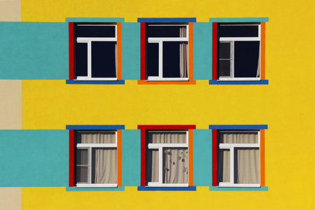nice colorful house a kindergarten for children. six windows, blue, yellow and beige color.の写真素材