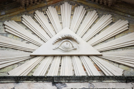 The All Seeing Eye. Masonic representation of Osiris. Triangle and the eye which is associated with the Illuminati. Lutheran church in the town of Gatchina, the center of the parish of Hatsina.の写真素材