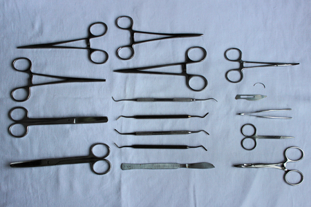 surgical instruments and tools including scalpels, forceps and tweezers arranged laid out on a blue fabric after washing to dry for a surgery. veterinary clinic.の写真素材
