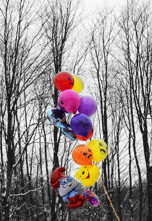 Colorful balloons on a background of black and white trees at the Shrovetide festival of 2018. Russiaの写真素材