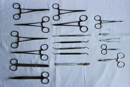 surgical instruments and tools including scalpels, forceps and tweezers arranged laid out on a blue fabric after washing to dry for a surgery. veterinary clinic.の写真素材