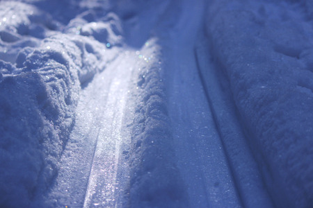 rolled trails in the winter forest in the snow, in the evening. Russiaの写真素材