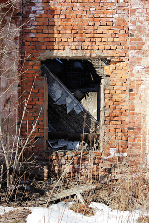 old brick ruins that remained from the historic house. empty windowの写真素材
