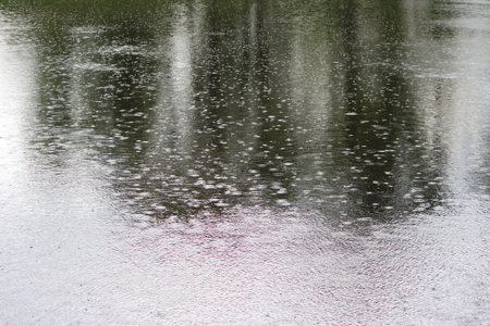 a strong summer downpour on the lake. drops of rain fall into the water.