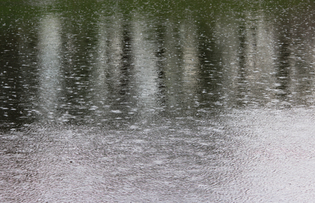 a strong summer downpour on the lake. drops of rain fall into the water.の写真素材