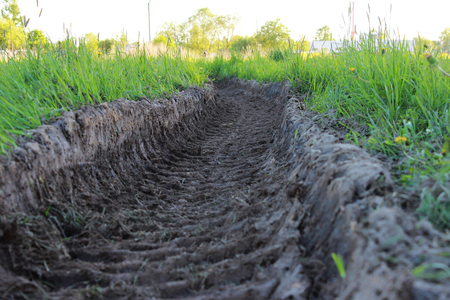 traces of heavy machinery tractor in the sand on the summer lush green grassの写真素材
