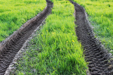 traces of heavy machinery tractor in the sand on the summer lush green grassの写真素材