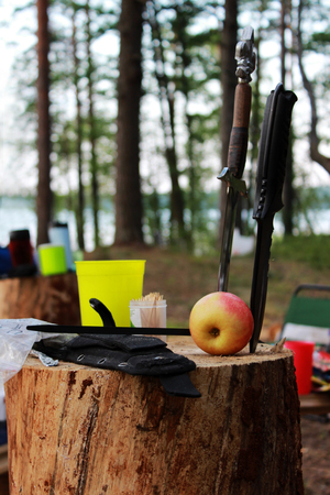 two hunting knives stuck in the stump. still life during a picnic in the forest. Russia.の写真素材
