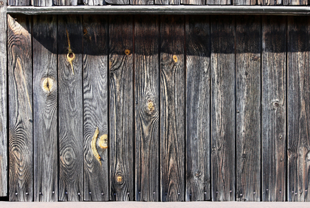 Vintage grey wood background with yellow knots. the wall of an old houseの写真素材