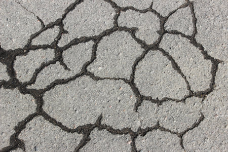 grey asphalt with cracks, wet from autumn rain