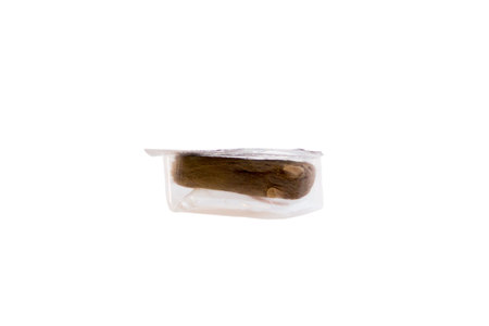 Stern velvet little mouse frozen in a package for feeding a snake. On a white background.の写真素材