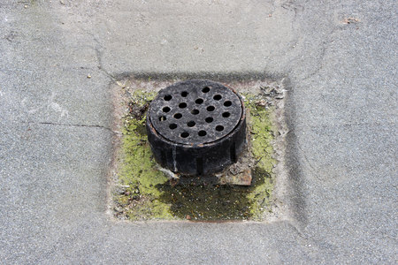 Inlet drainpipe with protection, holes and anti foliage litter. rainwater drainage on the roof of a multi-storey building with a flat roof covered with roofing felt.の写真素材