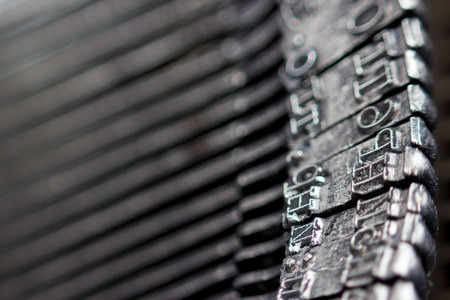 Hammers with letters, numbers and punctuation. Internal structure of the old Soviet typewriter close-up.の写真素材