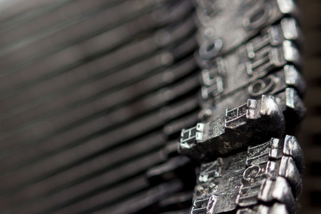 Hammers with letters, numbers and punctuation. Internal structure of the old Soviet typewriter close-up.の写真素材