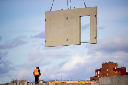 the worker and the crane operator unload the car with reinforced concrete walls for the future high-rise building. reportage shootingの写真素材