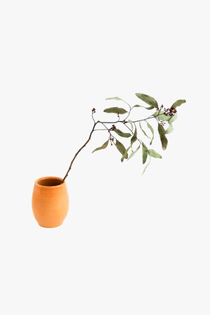 Clay pot, made by hand on a potters wheel from red clay. Double burning. Transparent glaze applied by hand. Handmade, single copy. With dry branch of laurel. On a grey background.の写真素材
