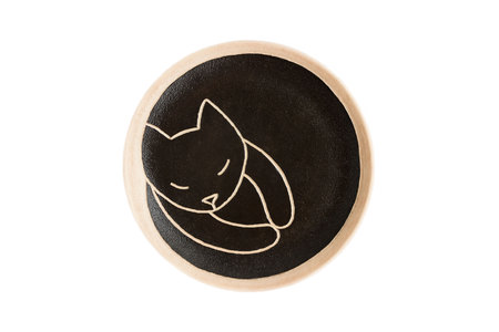 ceramic round plate with a sleeping black cat. clay. isolated on white.の写真素材